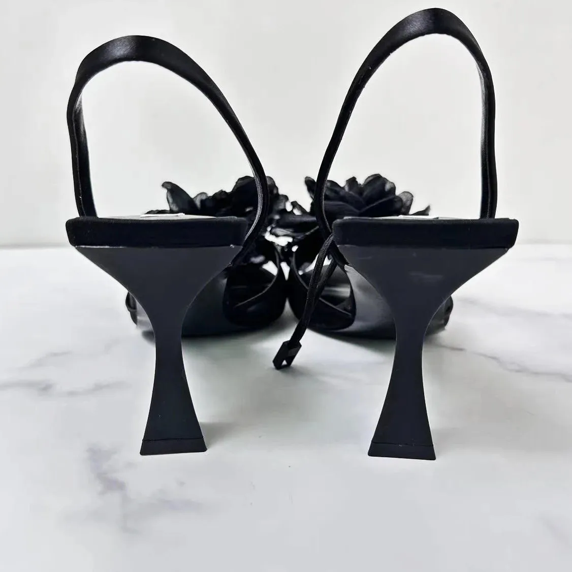Resorts Barbados Amozae-Flowers Slingback High Heels Women Pointed Fine Heel Sandals Women Open-toe Black Mesh Floral Party Dress Slippers Women Pumps