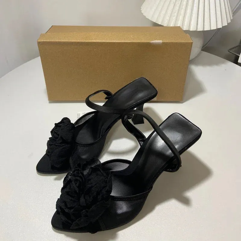 Closed Toed Sandals Amozae-Flowers Slingback High Heels Women Pointed Fine Heel Sandals Women Open-toe Black Mesh Floral Party Dress Slippers Women Pumps
