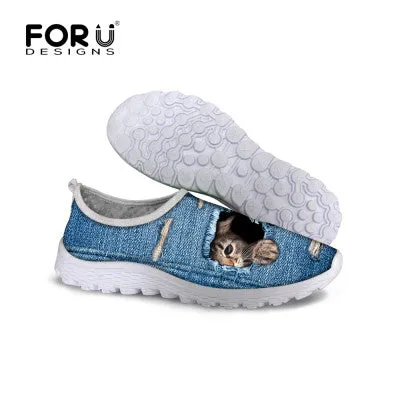 Cute Style Animal Dog Cat Printing Air Mesh Shoes for Women Yacht Loafers