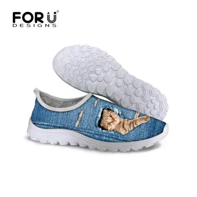 Chunky Lug Sole Loafers Cute Style Animal Dog Cat Printing Air Mesh Shoes for Women