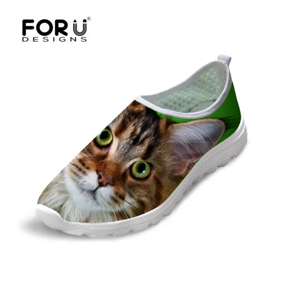 Cute Style Animal Dog Cat Printing Air Mesh Shoes for Women Ostrich Leather Loafers