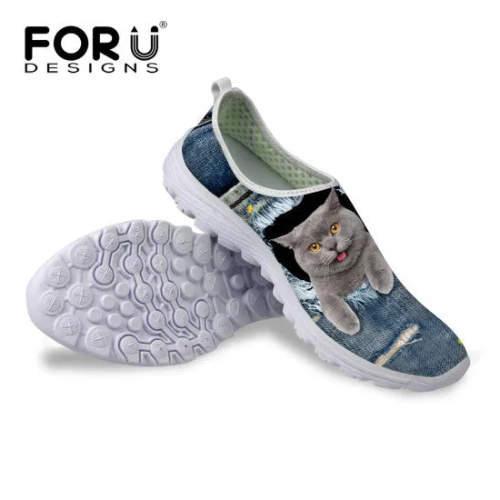 Cute Style Animal Dog Cat Printing Air Mesh Shoes for Women Bally Loafers Sale