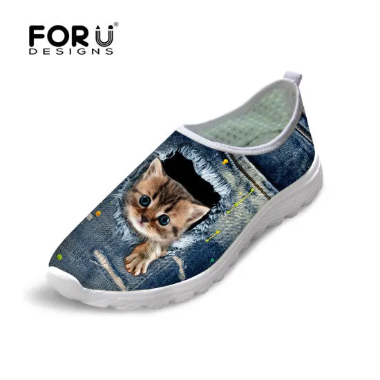 Chunky Platform Loafers Cute Style Animal Dog Cat Printing Air Mesh Shoes for Women