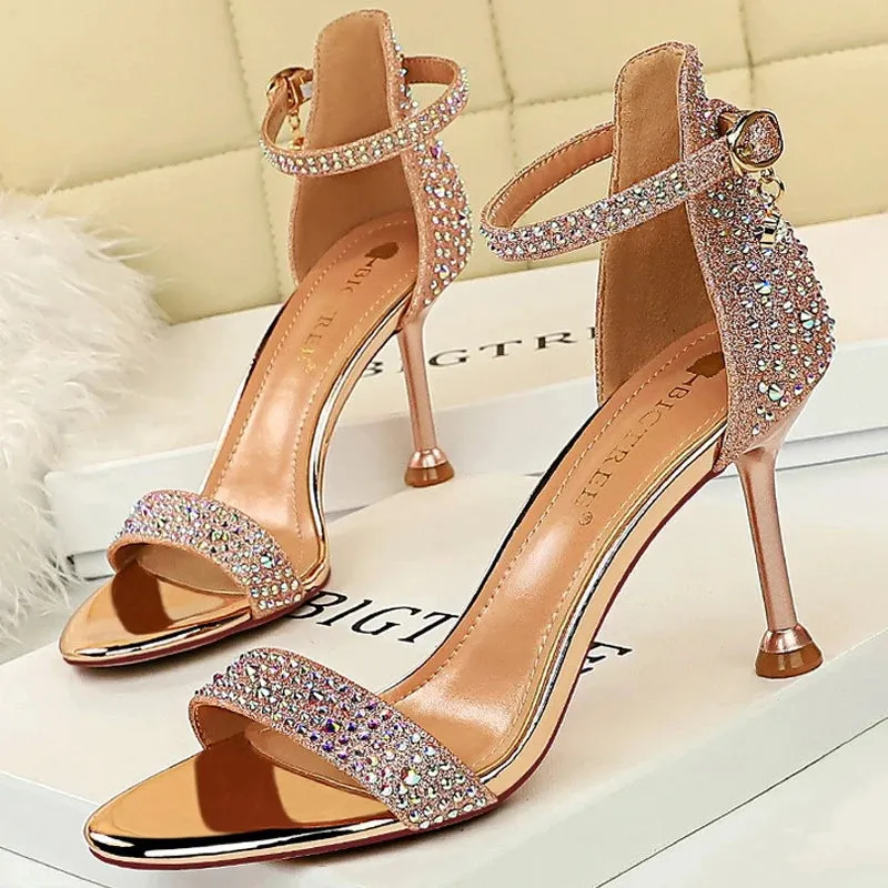 Leather Sandals Shoes Rhinestone High Heels Pumps Heels Party Shoes Open Toe
