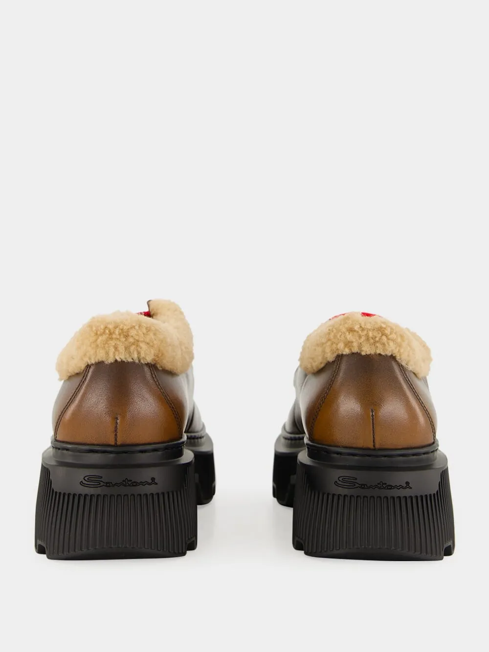 Suede Casual Loafers Brown Leather Lace-Up with Fur Trim