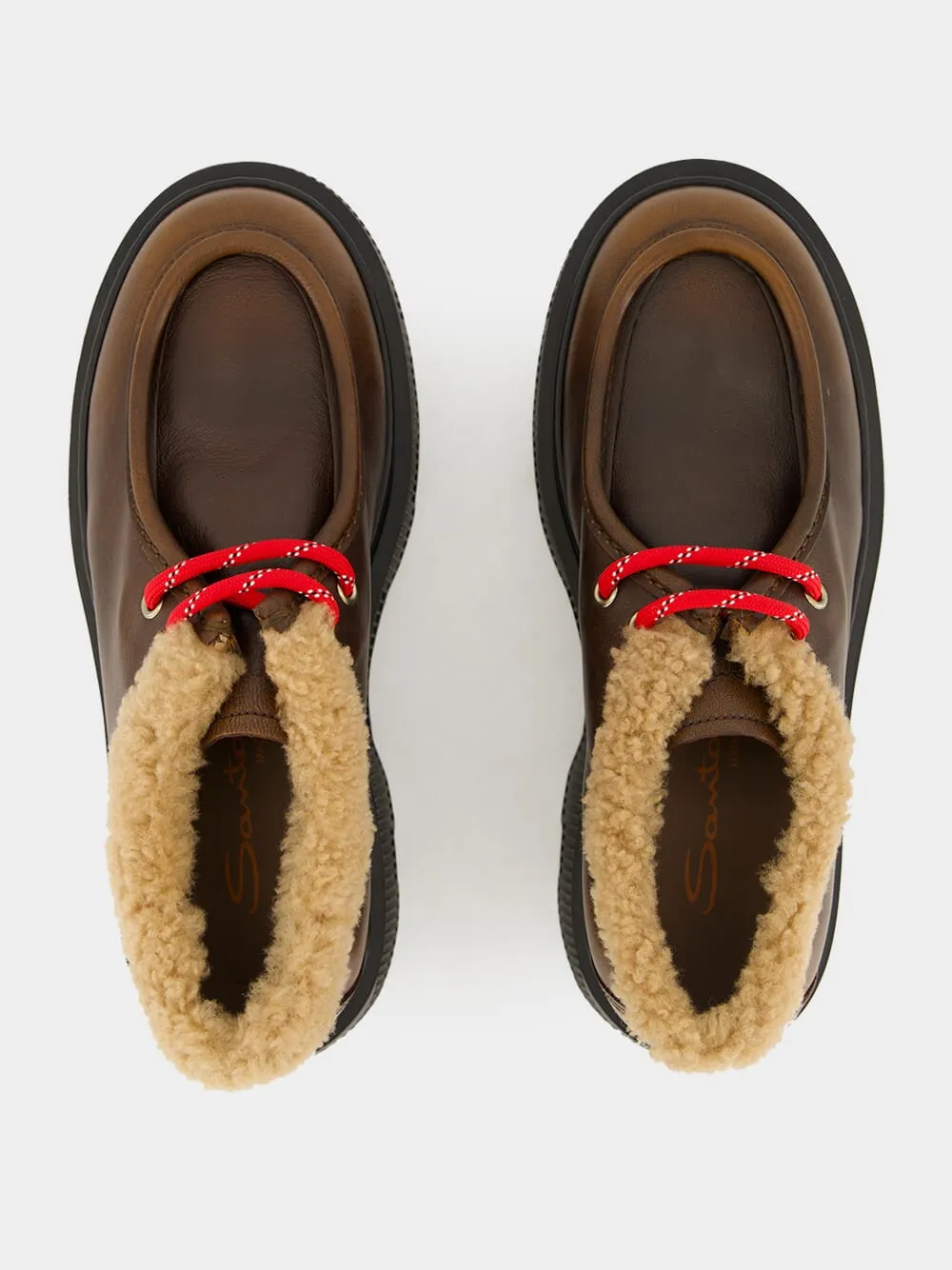 Brown Leather Lace-Up with Fur Trim Kids Loafers