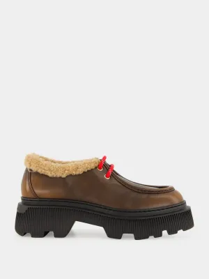 Brown Leather Lace-Up with Fur Trim Loafers Bar And Grill