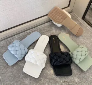 On Sale Slides New Fashion Weave Slippers Women Square Toe Flat Casual Shoes Women Slide 2021 Summer Flip Flops Beach Sandal Slipper Big size41