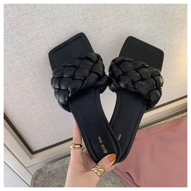 Horsebit Slippers New Fashion Weave Slippers Women Square Toe Flat Casual Shoes Women Slide 2021 Summer Flip Flops Beach Sandal Slipper Big size41