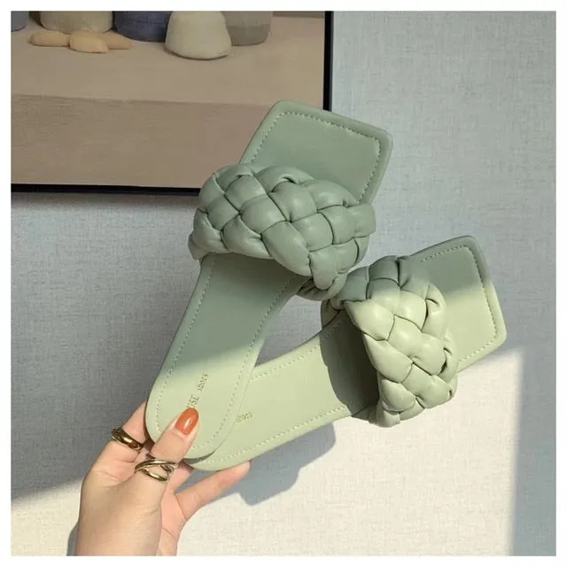 New Fashion Weave Slippers Women Square Toe Flat Casual Shoes Women Slide 2021 Summer Flip Flops Beach Sandal Slipper Big size41 Free Crochet Patterns For Slippers