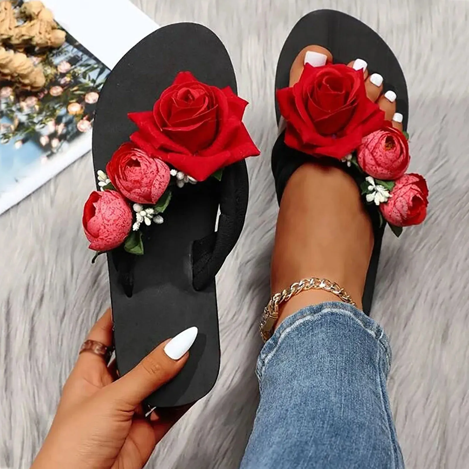Flip Flops For People With Flat Feet Slippers For Women Ladies Summer Flip Flops Open Toe Flowers Bohemian Sandals Casual Beach Shoes Outwear 2023  