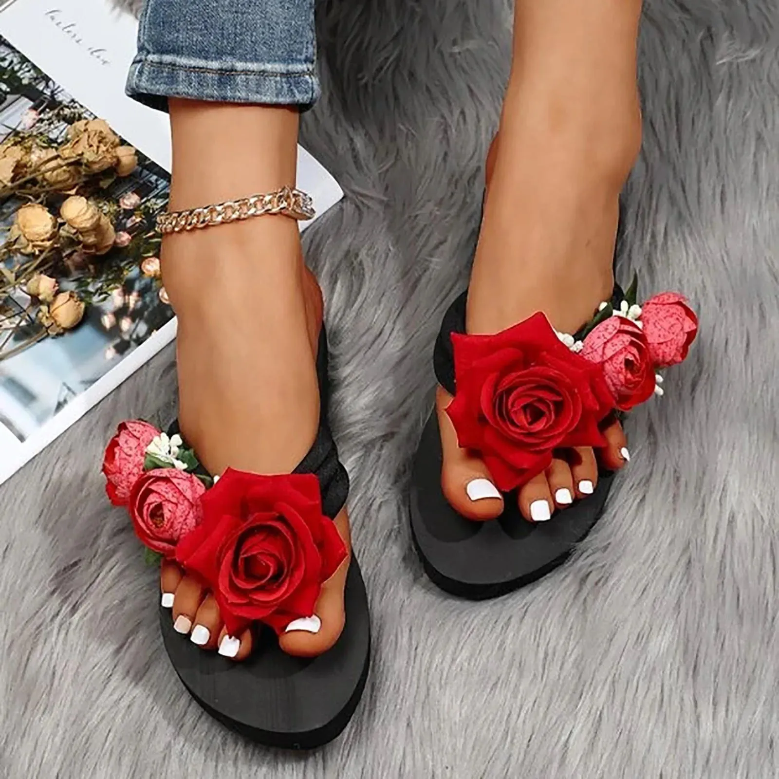 Slippers For Women Ladies Summer Flip Flops Open Toe Flowers Bohemian Sandals Casual Beach Shoes Outwear 2023   Flip Flops Size 11