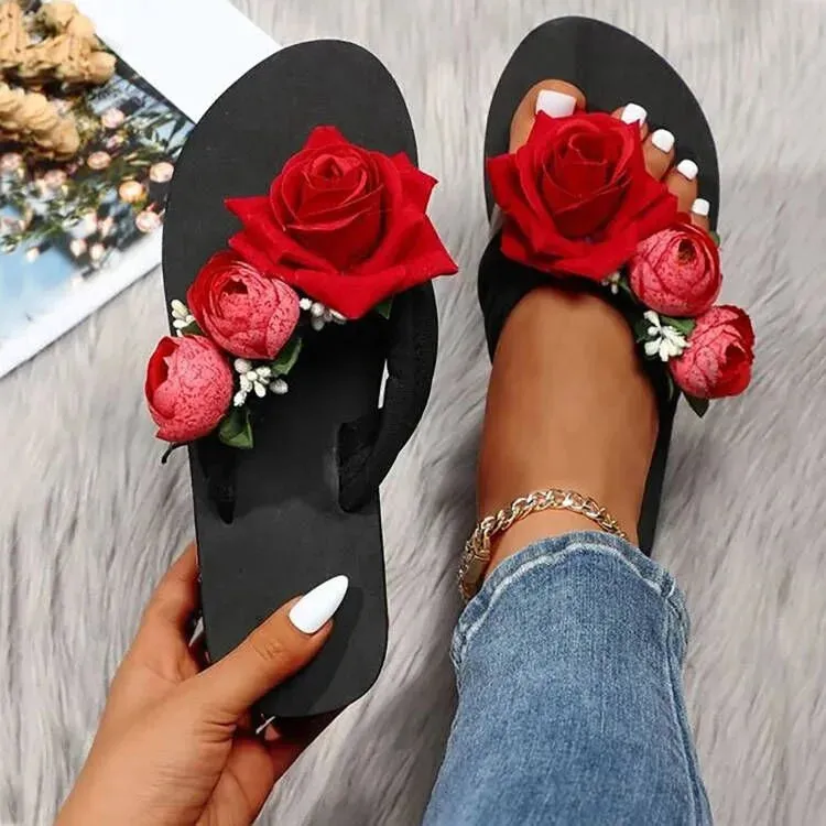 2 Flip Flops Slippers For Women Ladies Summer Flip Flops Open Toe Flowers Bohemian Sandals Casual Beach Shoes Outwear 2023  