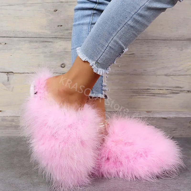 Slippers Woman Ostrich Fur Women Shoes Flat Slipper Women's Flip Flops Brand Ladies Sandals Female Flipflop Luxury Sandal Fish Flops Flip Flops