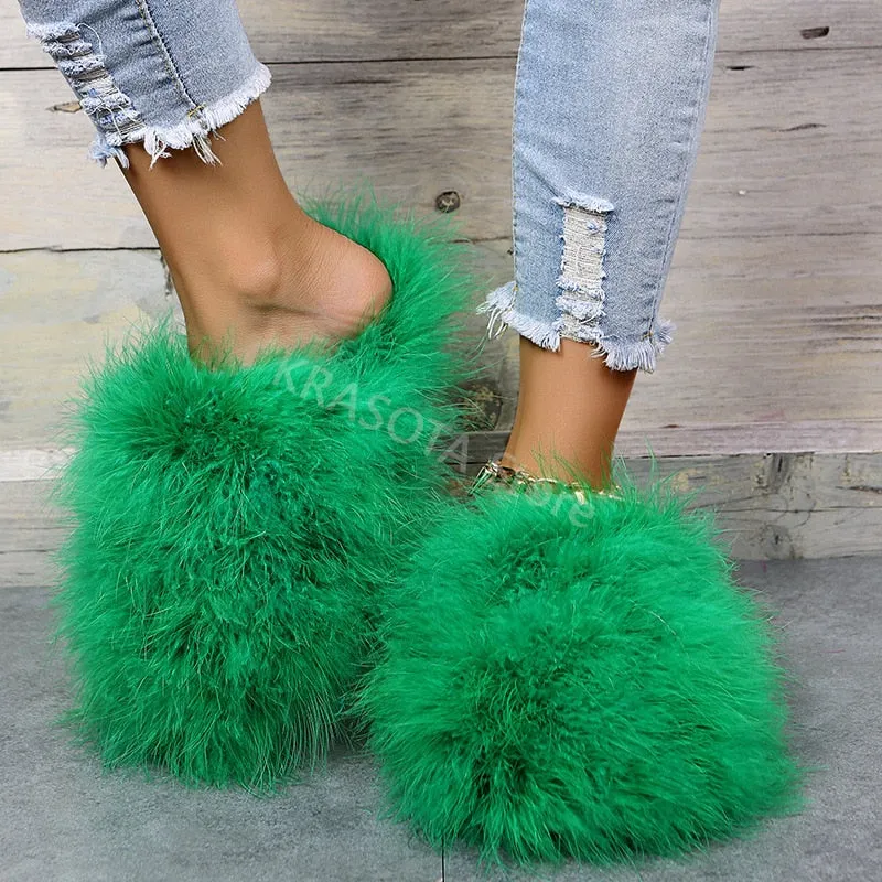 Everywhere Flip Flops Slippers Woman Ostrich Fur Women Shoes Flat Slipper Women's Flip Flops Brand Ladies Sandals Female Flipflop Luxury Sandal