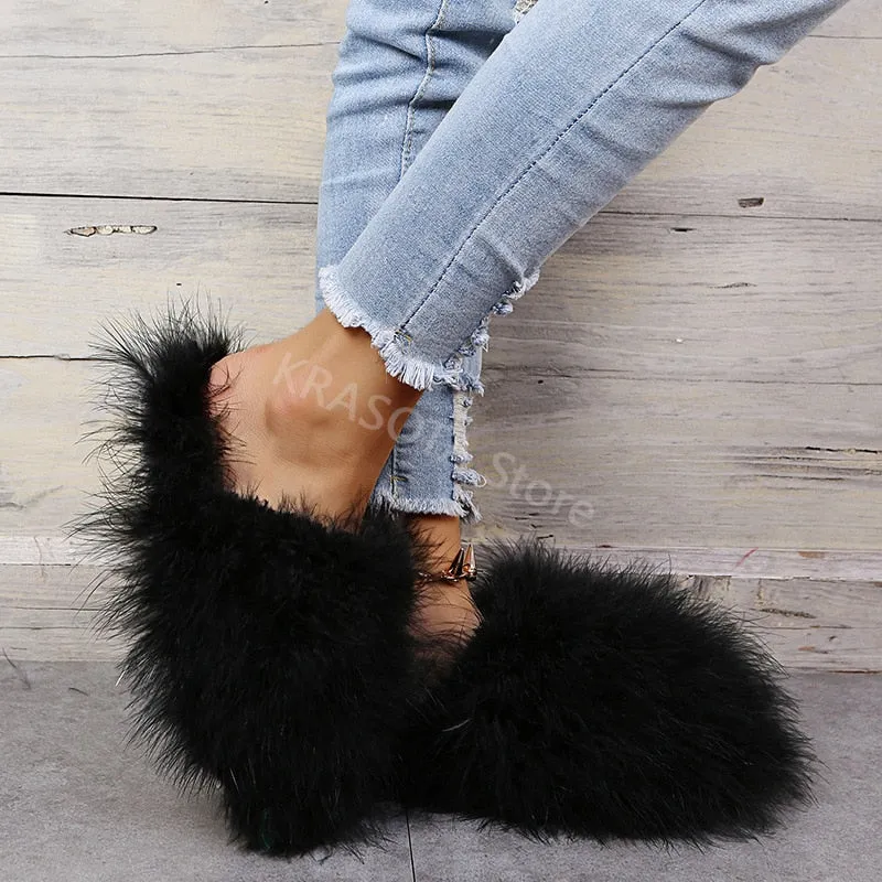 Slippers Woman Ostrich Fur Women Shoes Flat Slipper Women's Flip Flops Brand Ladies Sandals Female Flipflop Luxury Sandal Wedding Flip Flops Sign