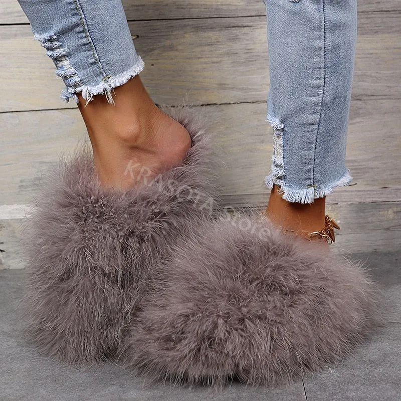 Slippers Woman Ostrich Fur Women Shoes Flat Slipper Women's Flip Flops Brand Ladies Sandals Female Flipflop Luxury Sandal Base Camp Flip Flops