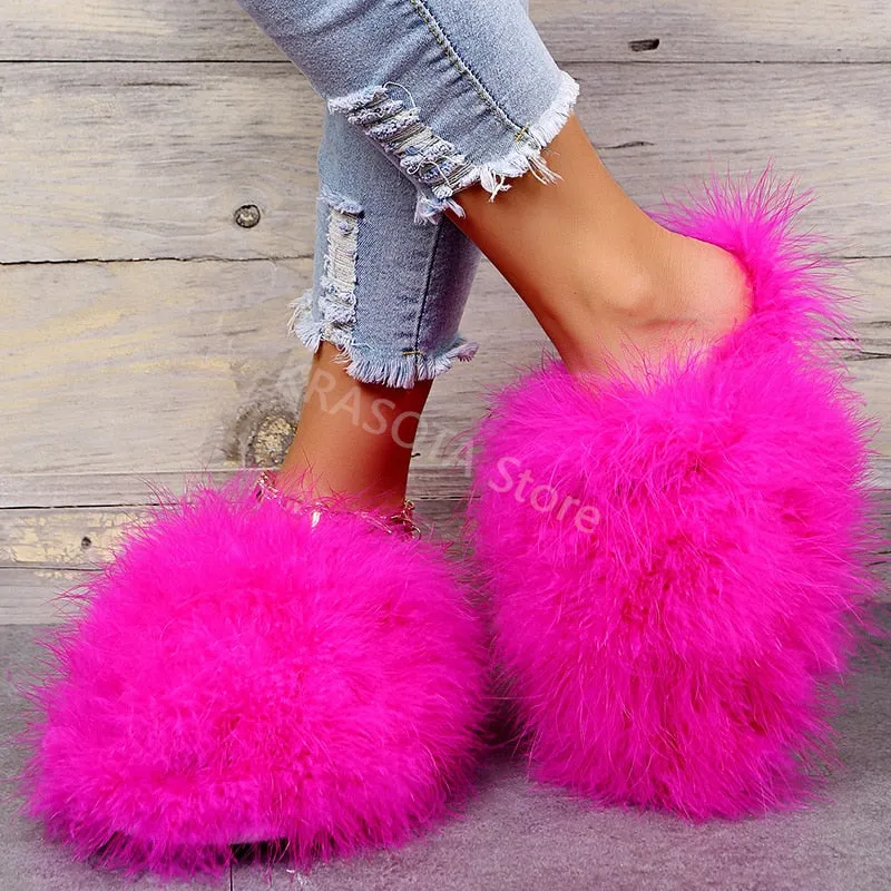 Slippers Woman Ostrich Fur Women Shoes Flat Slipper Women's Flip Flops Brand Ladies Sandals Female Flipflop Luxury Sandal Flip Flops For Wedding Guests In Bulk