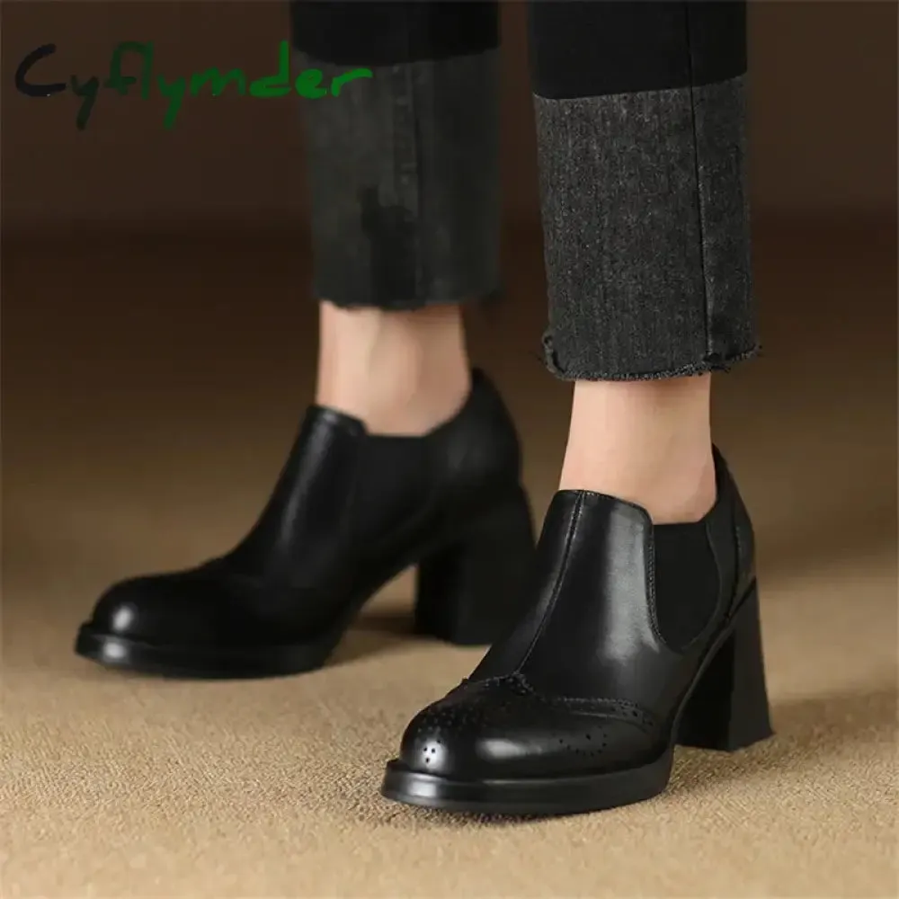 Cyflymder 2024 New Spring Genuine Leather Women Shoes Round Toe Women Pumps Brogue Designs Shoes for Women High Heel Loafers Ladies Shoes Charles Tyrwhitt Loafers