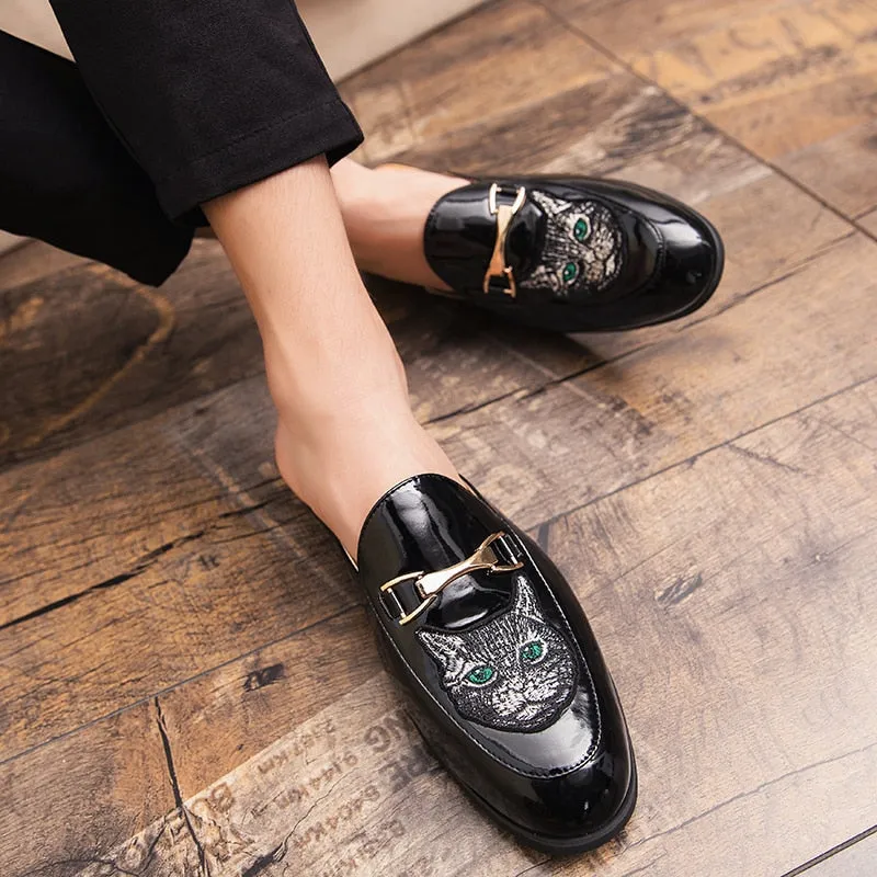 Vegan Leather Loafers UYO Men's Italian Cat Print Backless Loafers