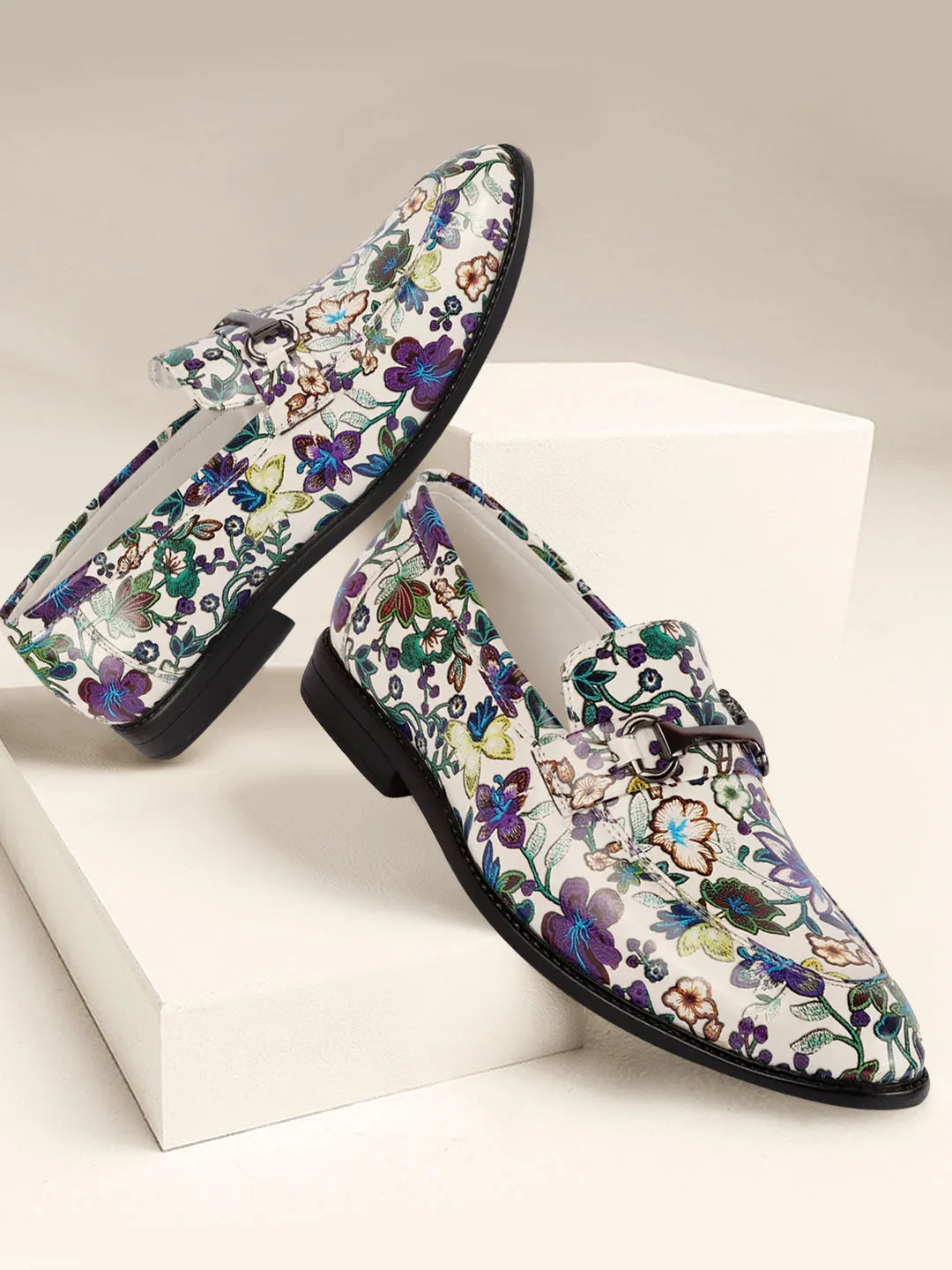 Men Multi Floral Print Horsebit Buckle Weekend Wedding Evening Party Shoes Loafers Block Loafers