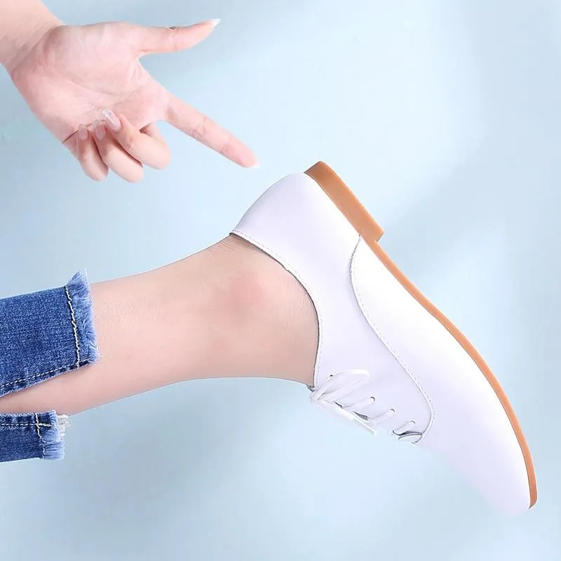 STQ 2020 Spring Women Oxford Shoes Ballerina Flats Shoes Women Genuine Leather Shoes Moccasins Lace Up Loafers White Shoes 051 Loafers High Top