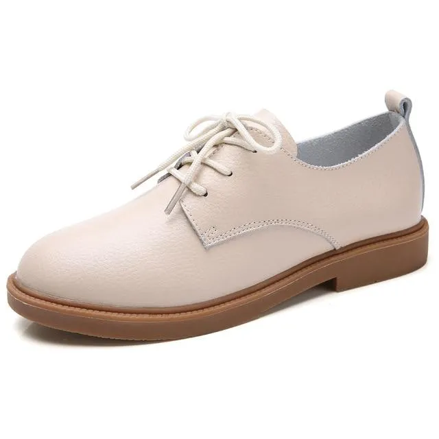 STQ 2020 Spring Women Oxford Shoes Ballerina Flats Shoes Women Genuine Leather Shoes Moccasins Lace Up Loafers White Shoes 051 Loafers Dressing Style