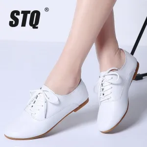 Supportive Loafers STQ 2020 Spring Women Oxford Shoes Ballerina Flats Shoes Women Genuine Leather Shoes Moccasins Lace Up Loafers White Shoes 051
