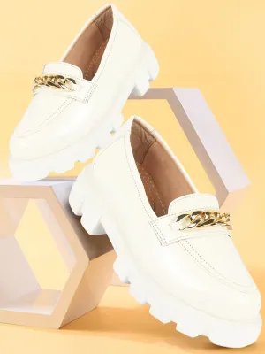 Modern Loafers Women White Patent Leather Shiny Chain Buckle Classic Casual Slip On Loafer Shoes