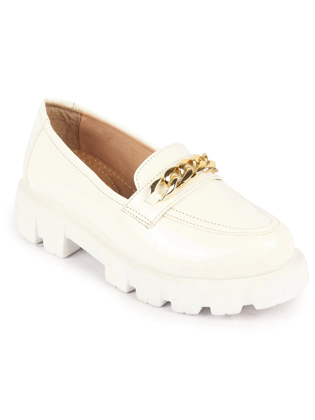 Prada Shoes Loafers Women White Patent Leather Shiny Chain Buckle Classic Casual Slip On Loafer Shoes