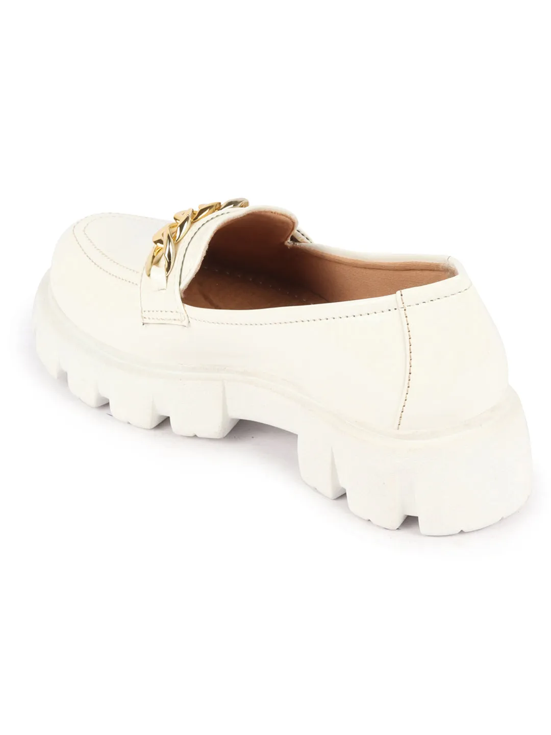 Women White Patent Leather Shiny Chain Buckle Classic Casual Slip On Loafer Shoes Loafers With Crystals