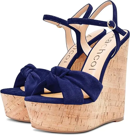 NEW Aachcol Women Cork Wedge Sandals Platform High Heel Peep Open Toe Ankle Strap Slingback Clear Dress Shoes Classic Cute, Sz 7 , Navy Blue Suede, Retails $87  Designer High Heels Sandals