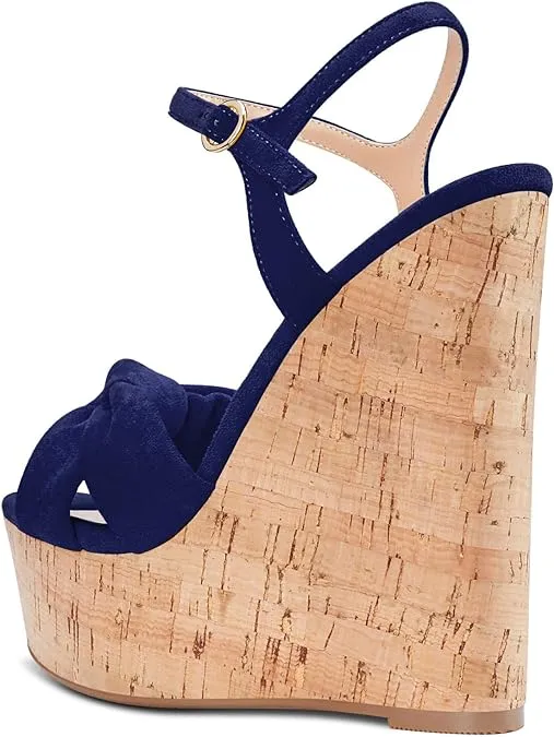 NEW Aachcol Women Cork Wedge Sandals Platform High Heel Peep Open Toe Ankle Strap Slingback Clear Dress Shoes Classic Cute, Sz 7 , Navy Blue Suede, Retails $87  Podiatrist Recommended Sandals