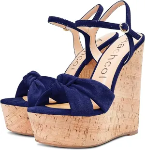 Sandals Locations Turk And Caicos NEW Aachcol Women Cork Wedge Sandals Platform High Heel Peep Open Toe Ankle Strap Slingback Clear Dress Shoes Classic Cute, Sz 7 , Navy Blue Suede, Retails $87 