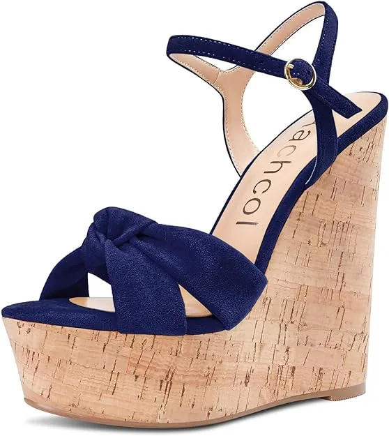 Vs Sandals NEW Aachcol Women Cork Wedge Sandals Platform High Heel Peep Open Toe Ankle Strap Slingback Clear Dress Shoes Classic Cute, Sz 7 , Navy Blue Suede, Retails $87 