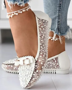 Summer Breathable Solid Color Vulcanized Shoes Floral Embroidery Bowknot Loafers Women Non-slip Flower Sneakers Coach Loafers