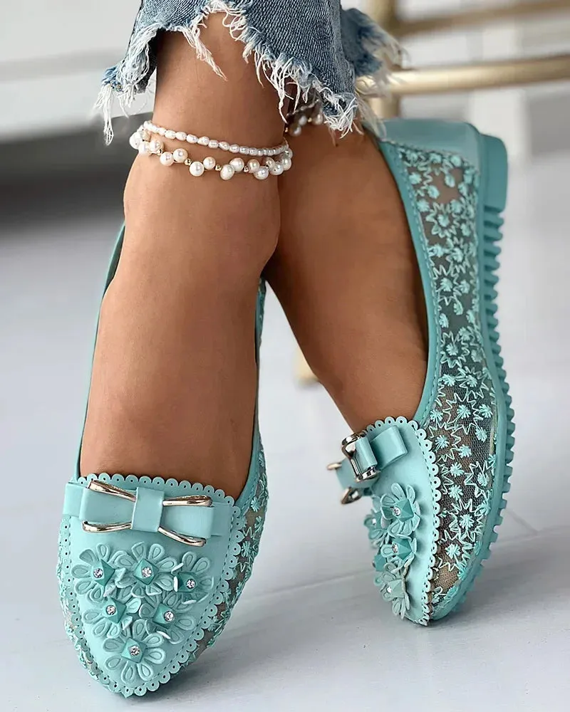 Luxury Loafers Summer Breathable Solid Color Vulcanized Shoes Floral Embroidery Bowknot Loafers Women Non-slip Flower Sneakers