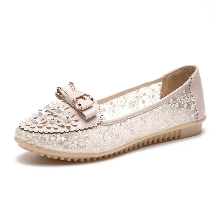 Ash Loafers Summer Breathable Solid Color Vulcanized Shoes Floral Embroidery Bowknot Loafers Women Non-slip Flower Sneakers