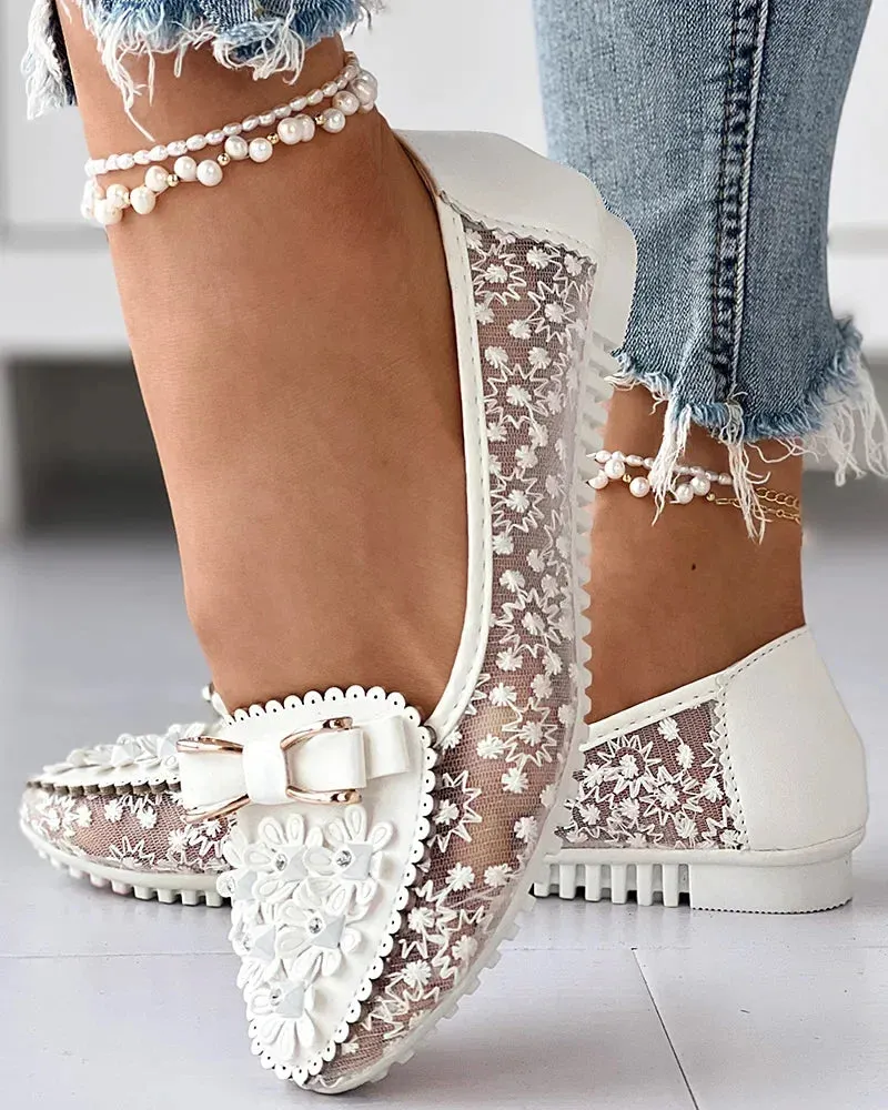 Summer Breathable Solid Color Vulcanized Shoes Floral Embroidery Bowknot Loafers Women Non-slip Flower Sneakers Definition Of Loafers