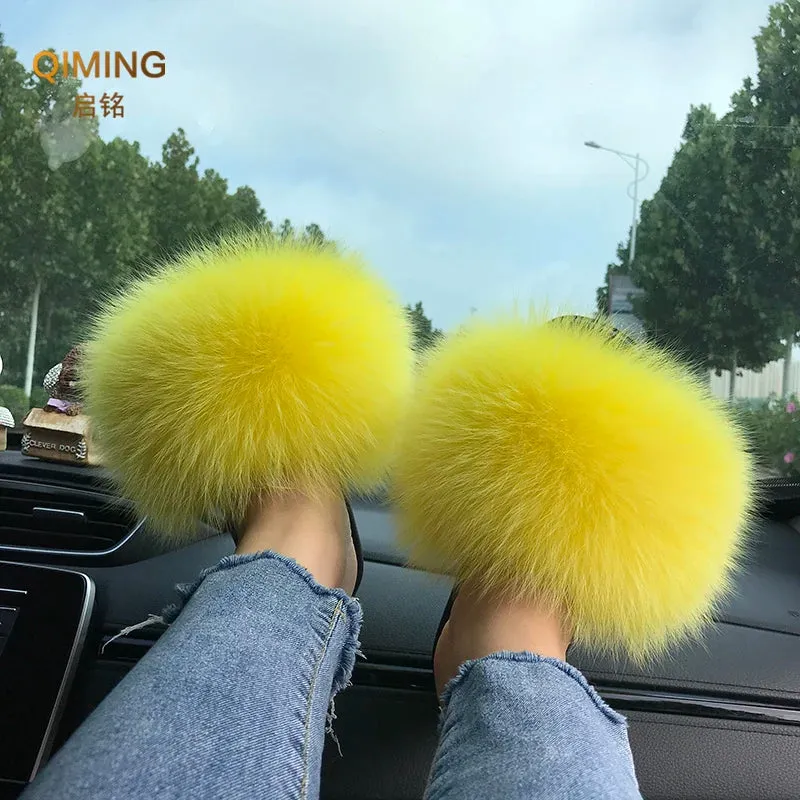 Summer Real Fur Slippers Ladies Indoor Furry Fur Flip Flops Women Plush Fox Fur Slides For Women House Shoes Woman Slipper Beach White Slim Flip Flops