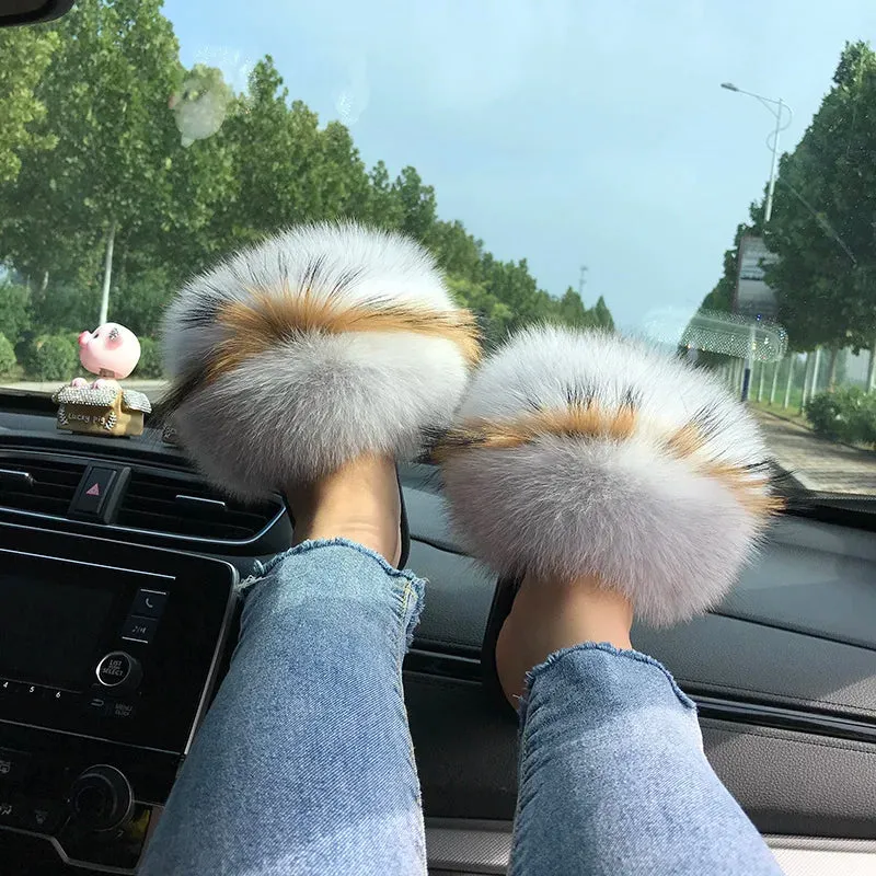 Flip Flops Made Out Of Tires Summer Real Fur Slippers Ladies Indoor Furry Fur Flip Flops Women Plush Fox Fur Slides For Women House Shoes Woman Slipper Beach