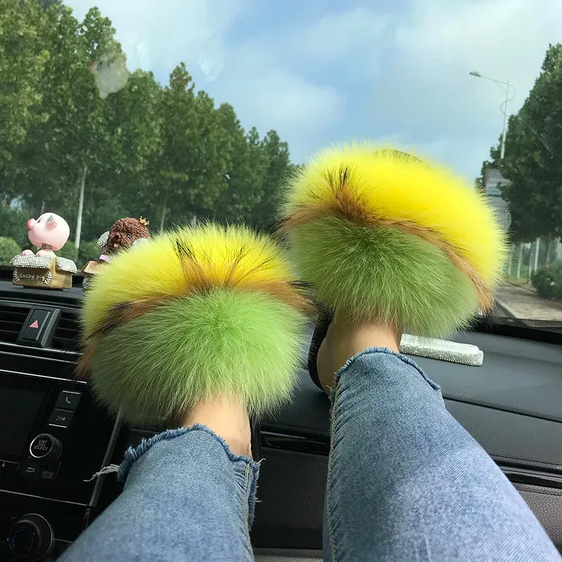 Summer Real Fur Slippers Ladies Indoor Furry Fur Flip Flops Women Plush Fox Fur Slides For Women House Shoes Woman Slipper Beach Flip Flops Vb
