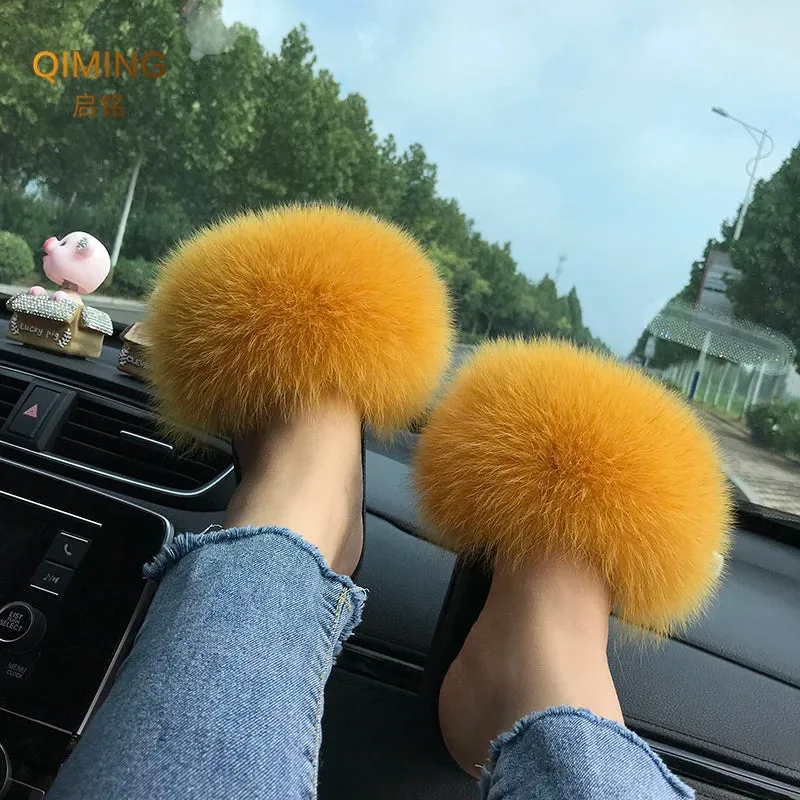 Flip Flops With Strap In Back Summer Real Fur Slippers Ladies Indoor Furry Fur Flip Flops Women Plush Fox Fur Slides For Women House Shoes Woman Slipper Beach