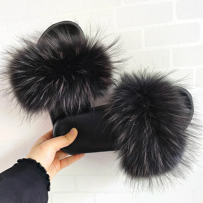 Summer Real Fur Slippers Ladies Indoor Furry Fur Flip Flops Women Plush Fox Fur Slides For Women House Shoes Woman Slipper Beach Bottle Opening Flip Flops