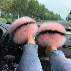 Summer Real Fur Slippers Ladies Indoor Furry Fur Flip Flops Women Plush Fox Fur Slides For Women House Shoes Woman Slipper Beach Tattoo Flip Flops