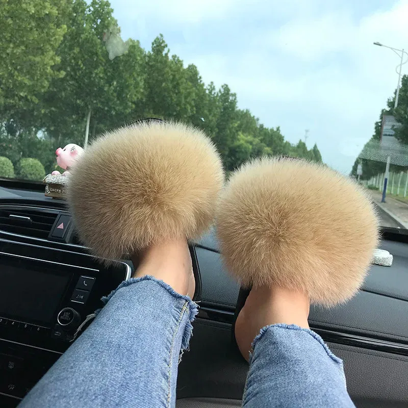 Summer Real Fur Slippers Ladies Indoor Furry Fur Flip Flops Women Plush Fox Fur Slides For Women House Shoes Woman Slipper Beach Giantess Flip Flops