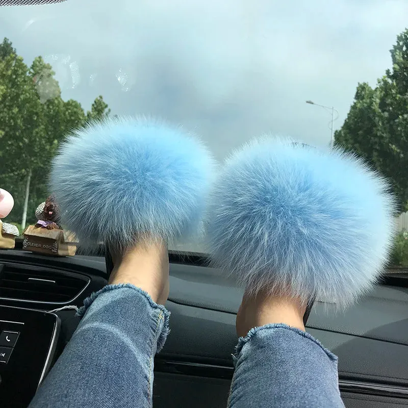 Summer Real Fur Slippers Ladies Indoor Furry Fur Flip Flops Women Plush Fox Fur Slides For Women House Shoes Woman Slipper Beach Flip Flops Sparkle