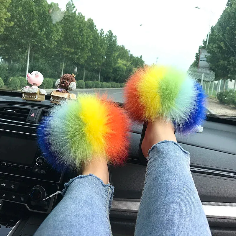 Summer Real Fur Slippers Ladies Indoor Furry Fur Flip Flops Women Plush Fox Fur Slides For Women House Shoes Woman Slipper Beach Flip Flop Brands