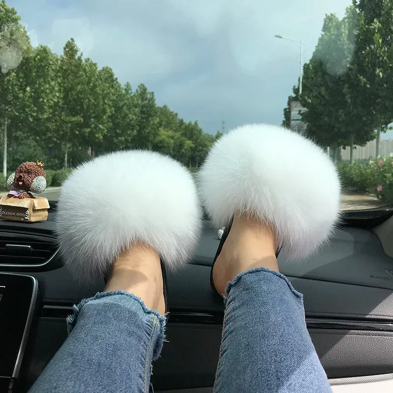 Heeled Flip Flops Summer Real Fur Slippers Ladies Indoor Furry Fur Flip Flops Women Plush Fox Fur Slides For Women House Shoes Woman Slipper Beach