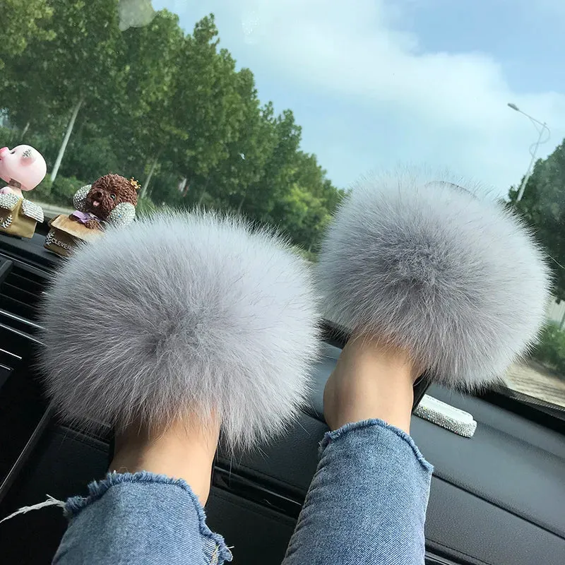 Summer Real Fur Slippers Ladies Indoor Furry Fur Flip Flops Women Plush Fox Fur Slides For Women House Shoes Woman Slipper Beach Wide Fit Flip Flops Uk